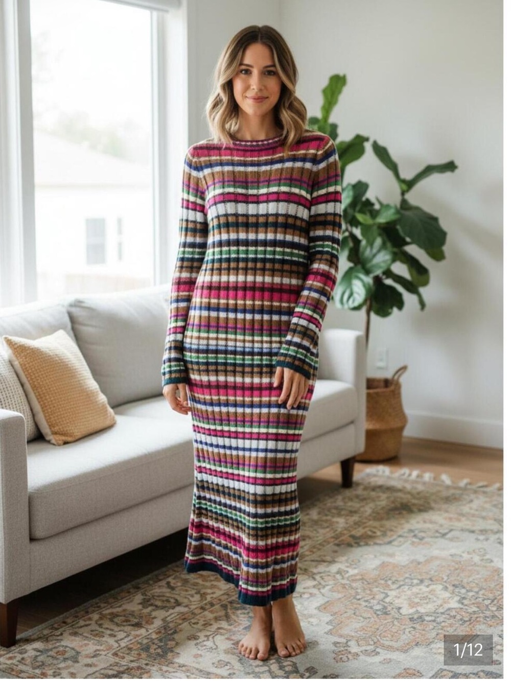 NWT Eleven Six Caroline Striped Alpaca-Blend Midi Dress Size M